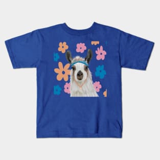 Llama | Cute Llama | Bohemian Llama on Retro flowers Kids T-Shirt